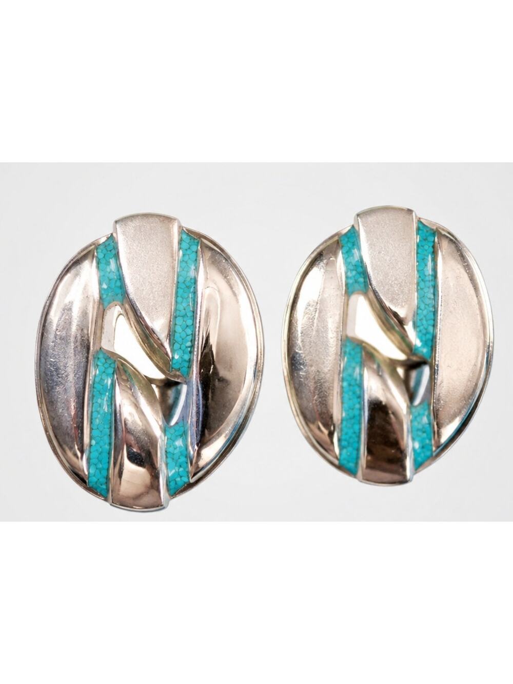 Vintage Aqua Blue Enamel Clip On Earrings Silver Tone Oval Retro 1.5" bcl-33